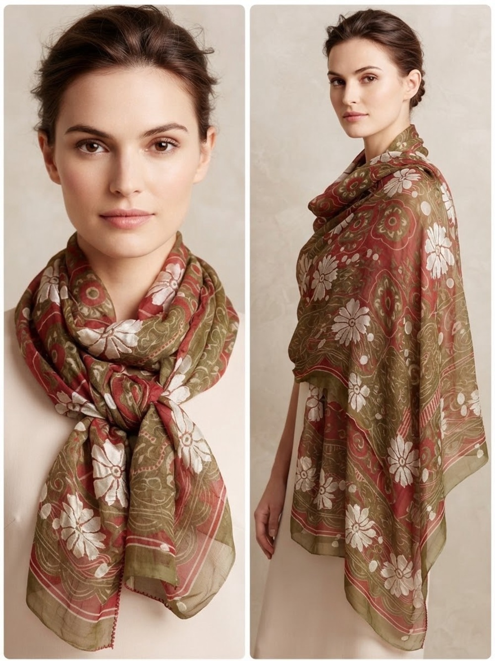 Extra Long Vintage Style Red & Olive Green Floral Chiffon Scarf/Wrap